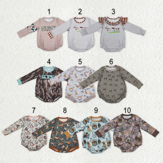 Sibling Baby Boys Girls Long Sleeves Camo Deer Dogs Ducks Hunting Rompers