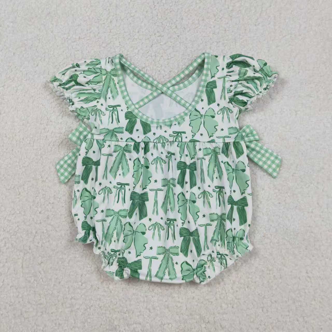 Sibling Baby Girls Green Bows Clovers Pockets St Patrick Knee Length Dress Ruffle Rompers
