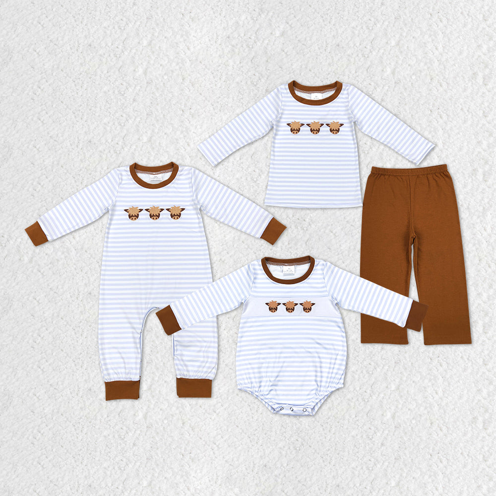 Sibling Baby Boys Stripe Embroidery Highland Cows Pants Western Clothes Sets Rompers
