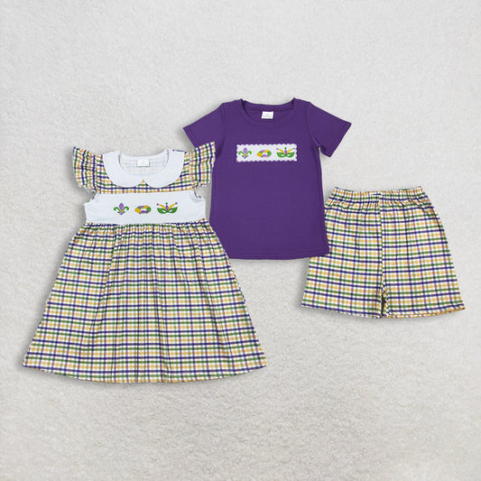 Sibling Baby Kids Mardigras Checked Embroidery Donuts Anchors Shorts Clothes Set Dresses