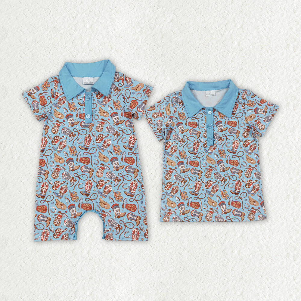 Sibling Baby Boys Blue Western Hats Boots Button Pullovers Shirts Tops Rompers