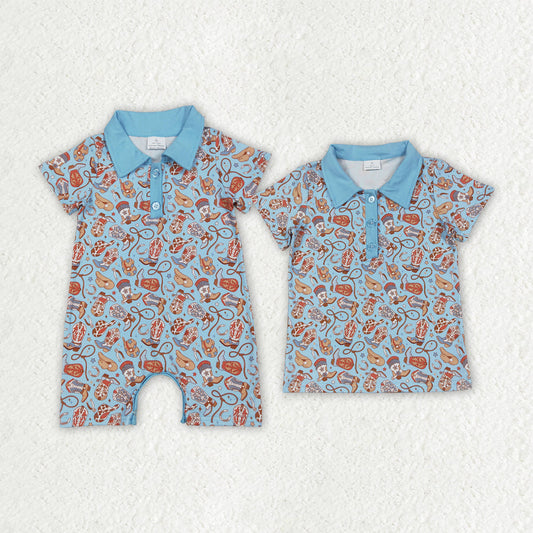 Sibling Baby Boys Blue Western Hats Boots Button Pullovers Shirts Tops Rompers