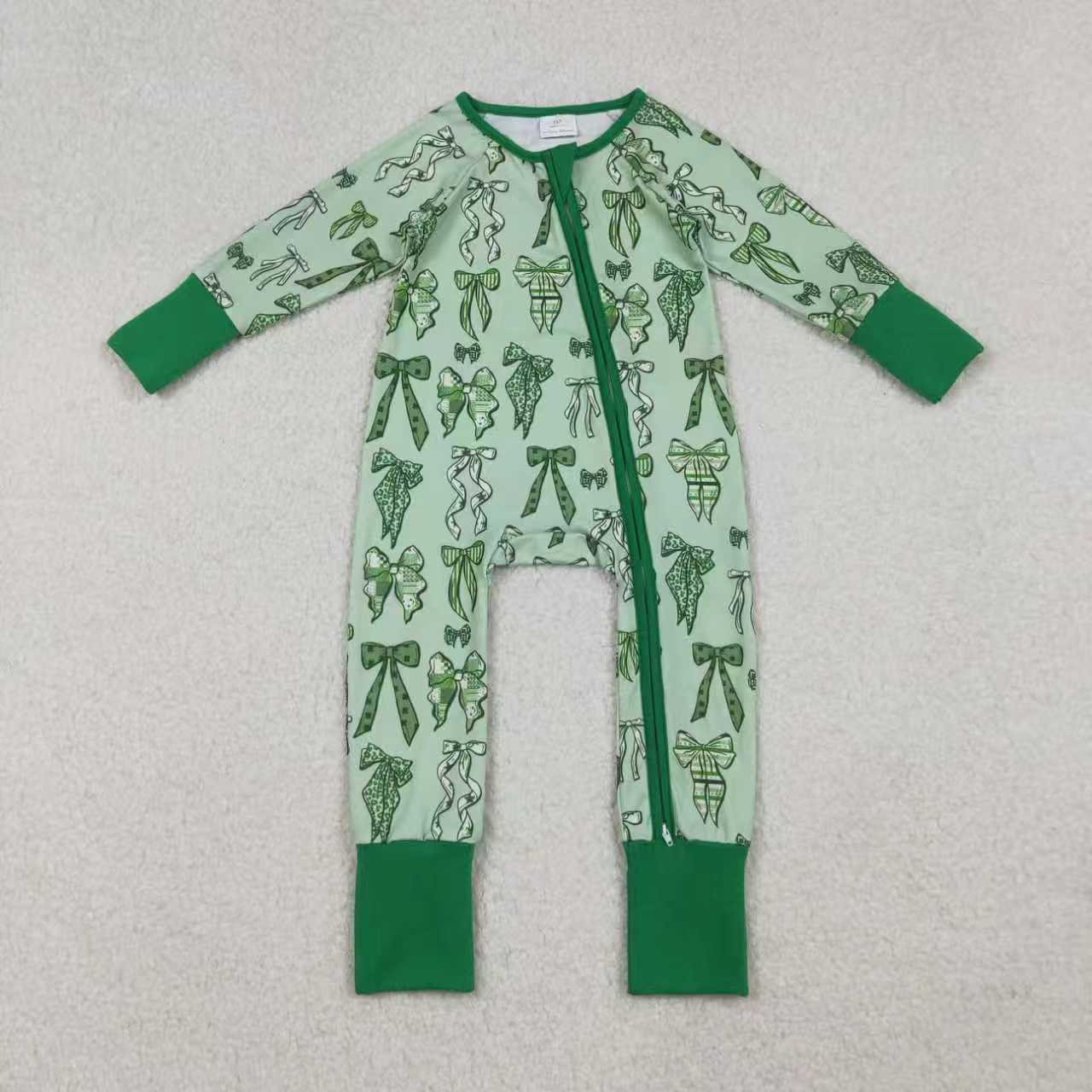 Sibling Baby Girls Green Clovers Bows Top Pants St Patrick Pajamas Sets Zipper Rompers