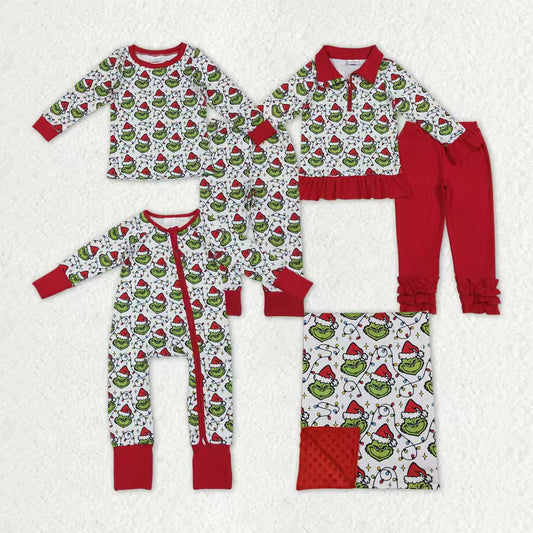 Sibling Baby Boys Green Faces Lights Christmas Pajamas Sets Zipper Footie Rompers Blankets