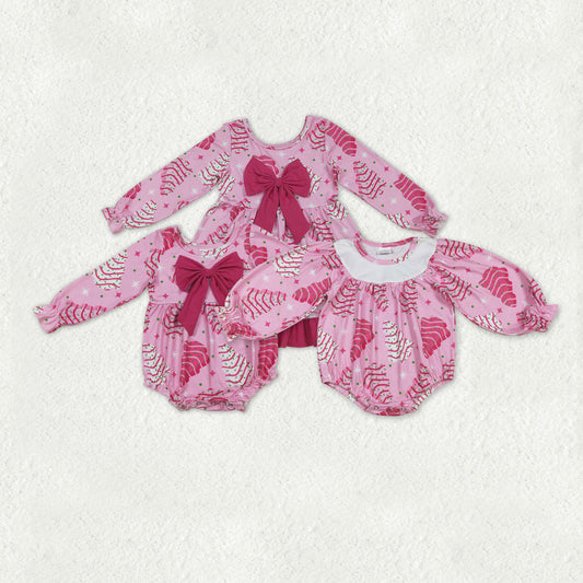 Sibling Baby Girls Pink Stripe Trees Stars Bow Christmas Knee Ruffle Length Dresses Rompers