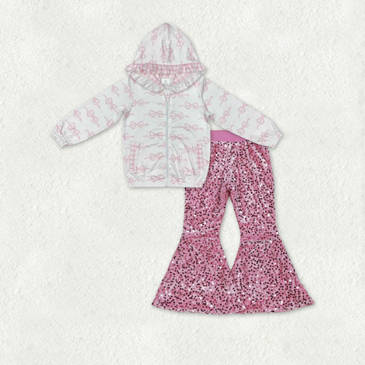 Baby Girls Pink Bows Zip Pockets Hooded Jackets Sequin Bell Bottom Pants Clothes Sets