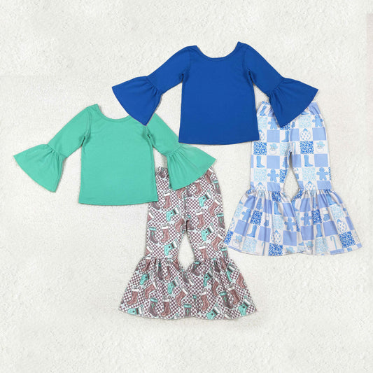 Sibling Baby Girls Bell Sleeve Shirts Top Boots Santa Bell Bottom Pants Christmas Clothes Sets