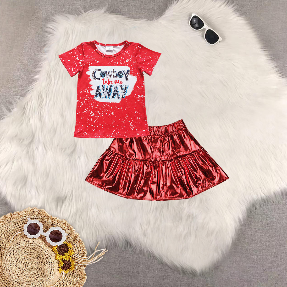 Sibling Baby Girls Short Sleeves Cow Stars Top Red Leather Skirts Western 4th Of July Sets