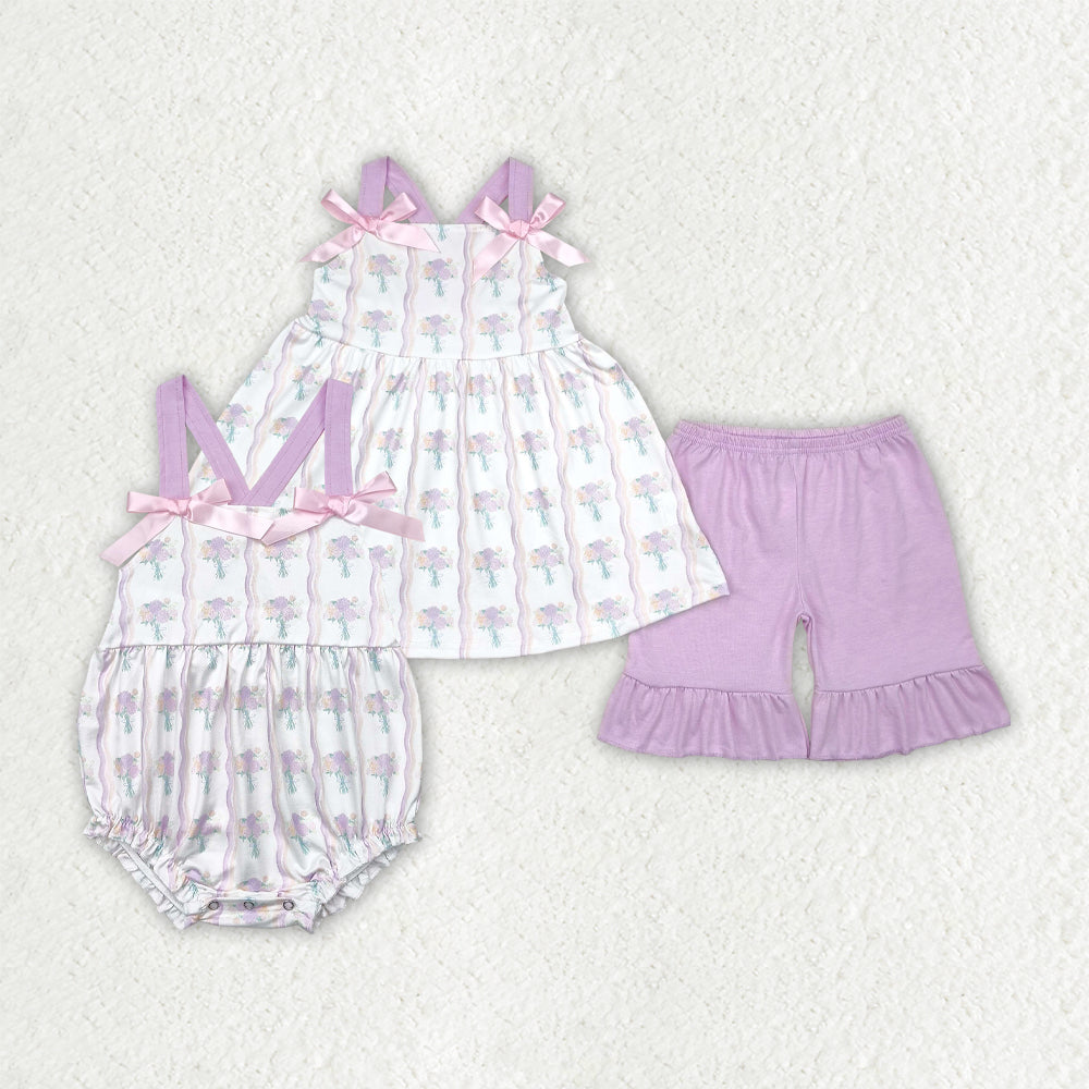 Sibling Baby Girls Lavender Strap Floral Stripe Tunic Ruffle Shorts Sets Rompers