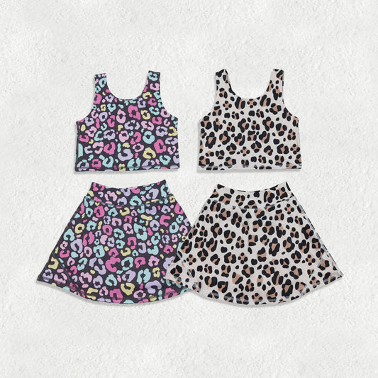 Sibling Baby Girls Sleeveless Colorful Leopard Vests Skirt Shorts Yoga Active Clothes Set