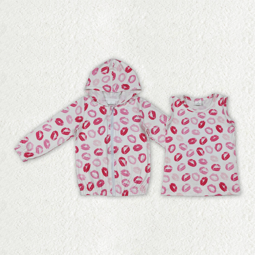 Sibling Baby Girls Pink Mouths Plaid Valentines Zipper Hoodie Jacket Vests Tops