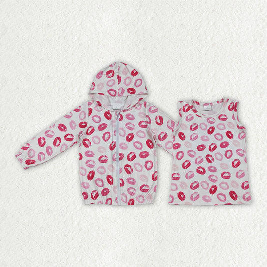 Sibling Baby Girls Pink Mouths Plaid Valentines Zipper Hoodie Jacket Vests Tops