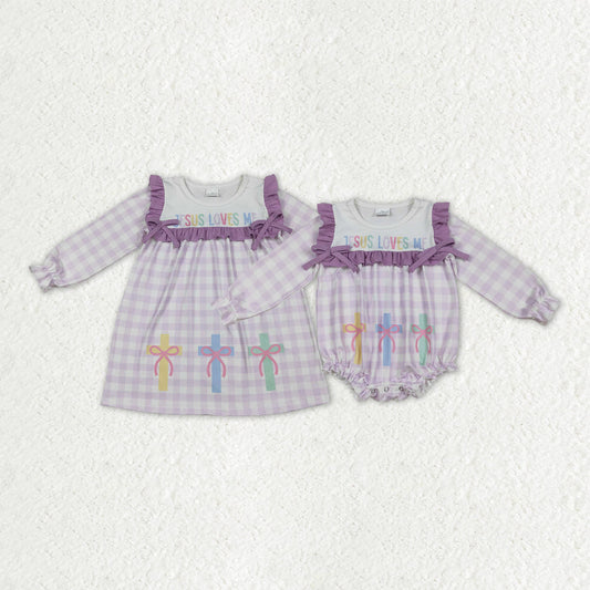 Sibling Baby Girls Lavender Checked Jesus Love Me Crosses Knee Length Dress Romper