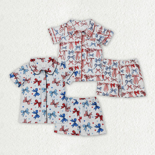Sibling Baby Girls Bows Button Top Short 4th Of July Pajamas Sets