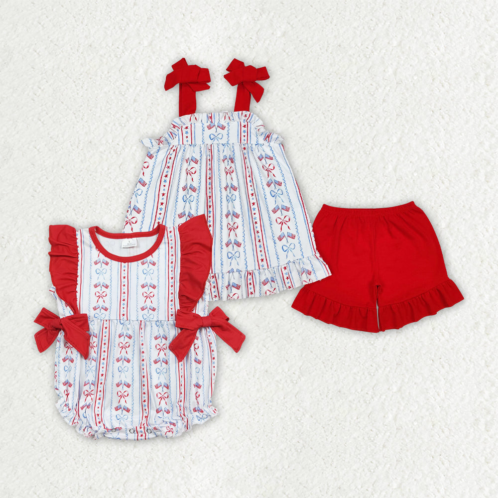 Sibling Baby Girls 4th Of July Flag Bows Rompers Outfits Sets