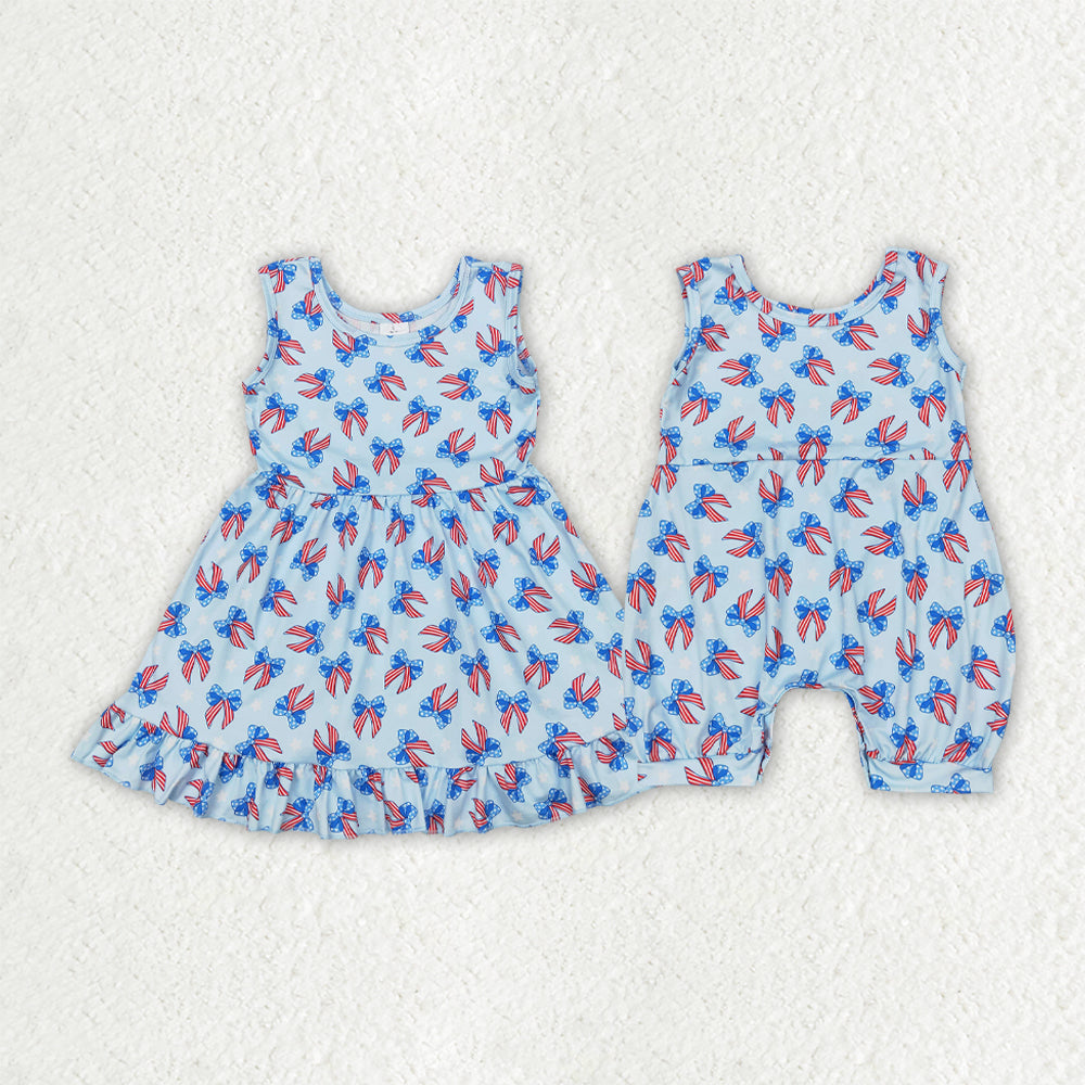 Sibling Baby Girls 4th Of July Bows Sleeveless Rompers Dresses