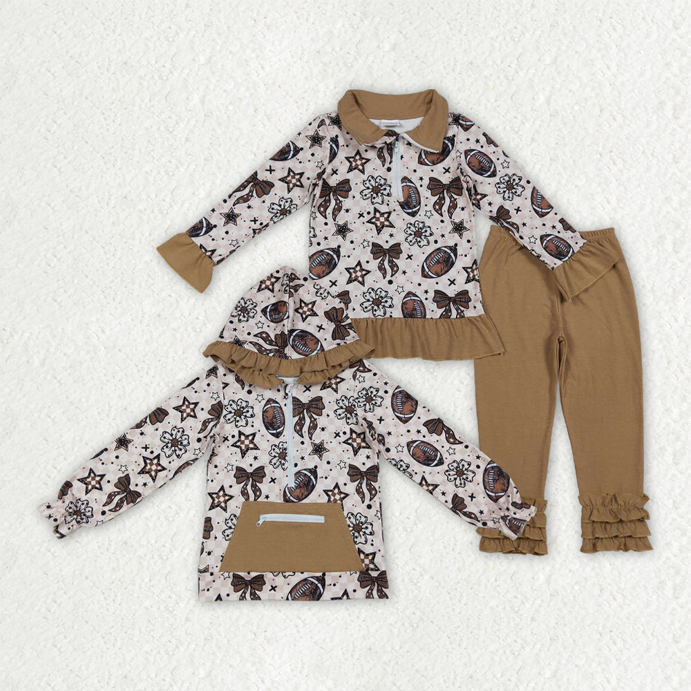 Sibling Baby Girls Bows Footballs Zip Pullover Top Pants Team Clothes Sets Ruffle Hoodies Top