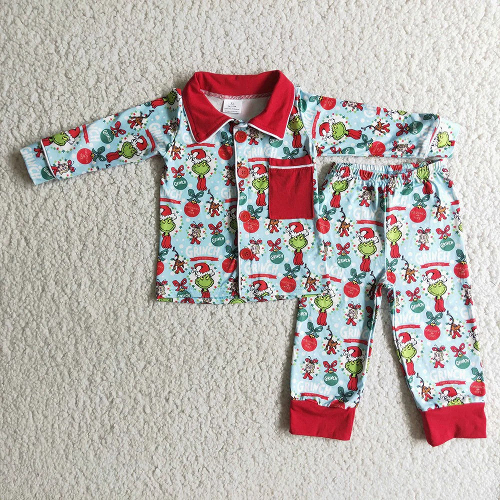 Sibling Baby Kids Green Faces Miss Button Top Pants Christmas Pajamas Sets