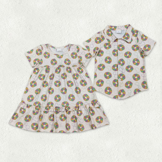 Sibling Baby Boys Girls Short Sleeve Mardigras Donuts Necklaces Knee Length Dress Button Shirts Top