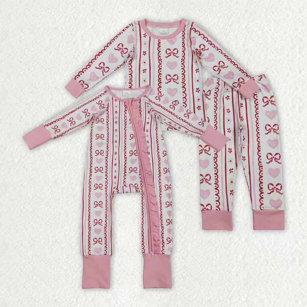 Sibling Baby Girls Pink Hearts Bows Stripes Valentines Pajamas Sets Ruffle Zipper Rompers