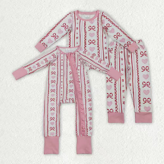 Sibling Baby Girls Pink Hearts Bows Stripes Valentines Pajamas Sets Ruffle Zipper Rompers