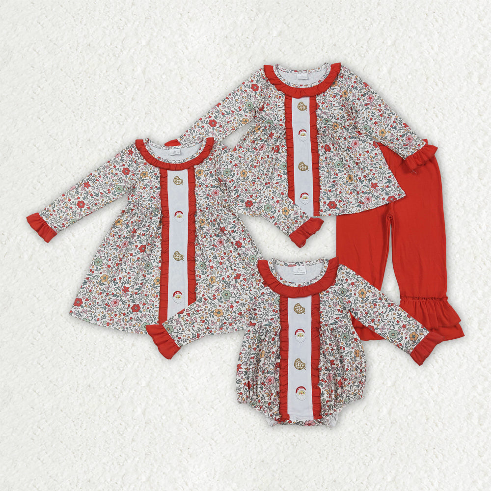 Sibling Embroidery Santa Cookie Baby Girls Floral Christmas Clothes Sets Rompers Knee Length Dresses