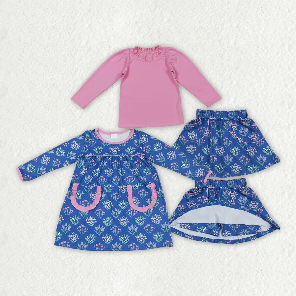 Sibling Baby Girls Pink Shirts Blue Floral Pockets Skorts Clothes Set Knee Length Dresses