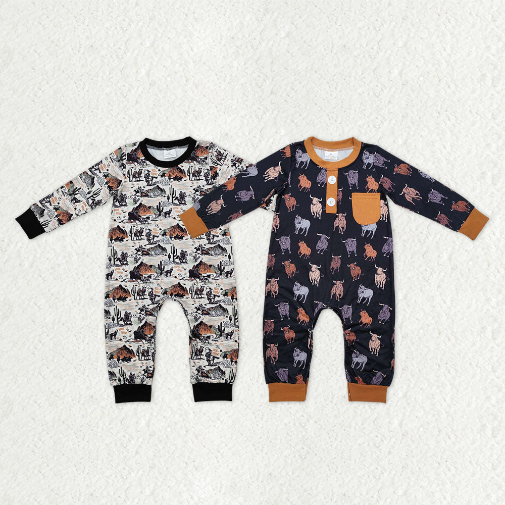 Sibling Baby Boys Long Sleeve Horse Rodeos Cows Western Rompers