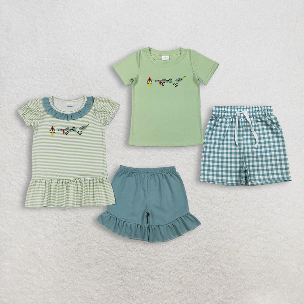 Sibling Baby Boys Girls Embroidery Fishing Top Shorts Hunting Clothes Sets