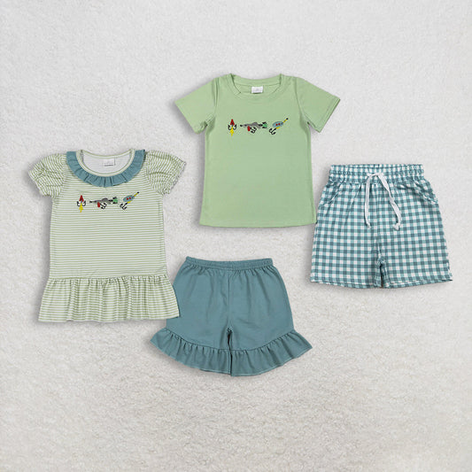 Sibling Baby Boys Girls Embroidery Fishing Top Shorts Hunting Clothes Sets