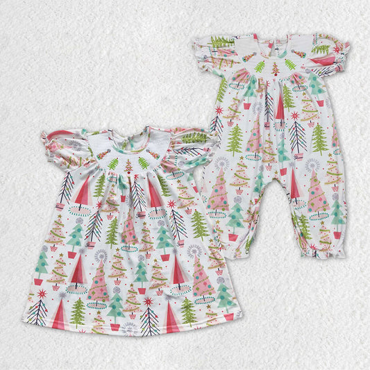 Sibling Baby Girls Smocked Christmas Trees Dresses Ruffle Sleeve Footie Rompers
