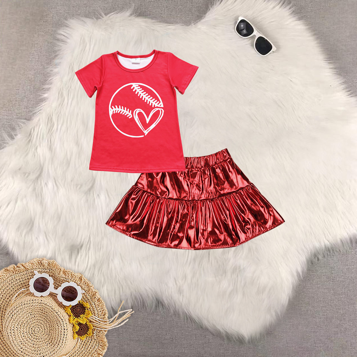 Sibling Baby Girls Short Sleeves Cow Stars Top Red Leather Skirts Western 4th Of July Sets