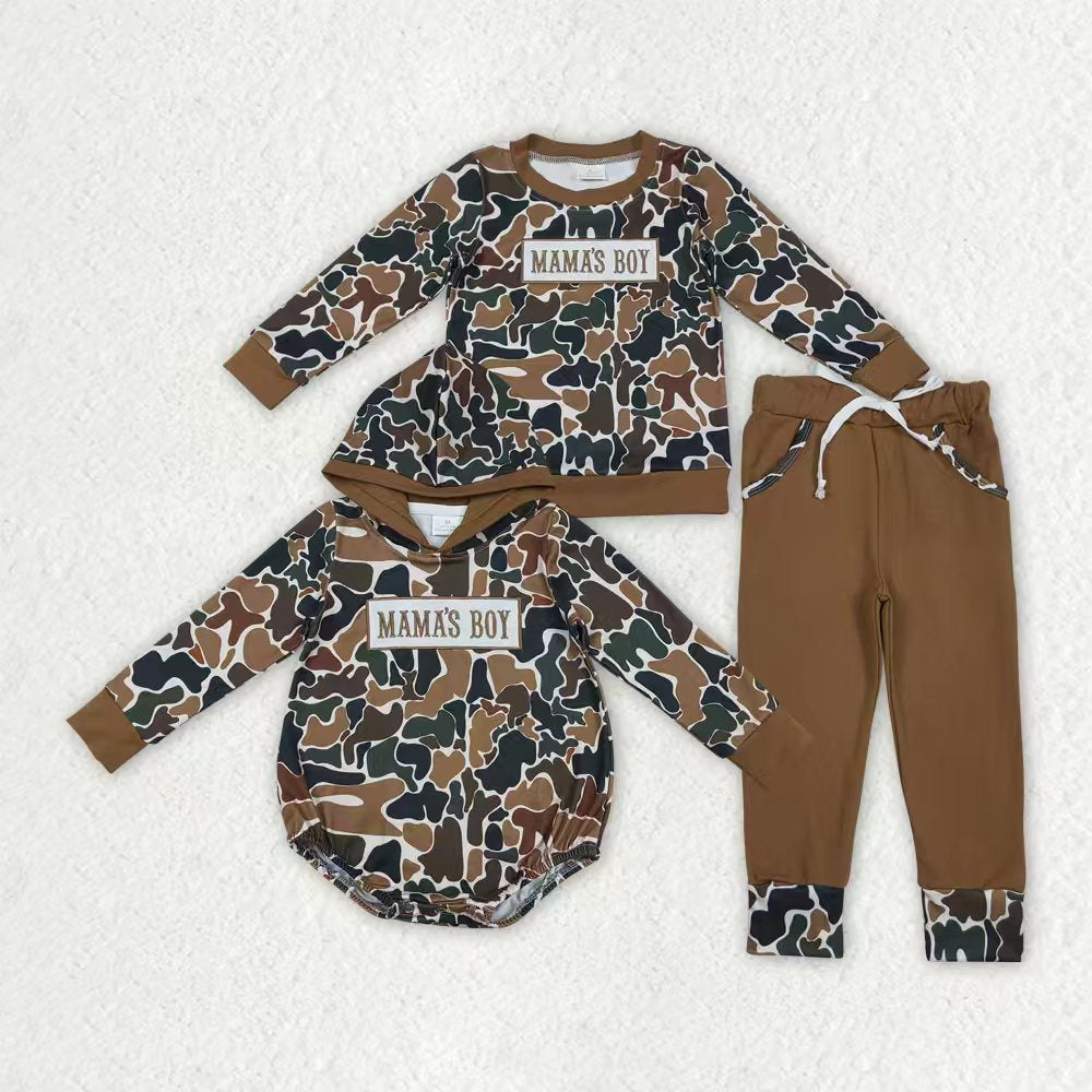 Sibling Baby Boys Embroidery Mama's Boy Brown Camo Pockets Pants Clothes Sets Hoodie Romper