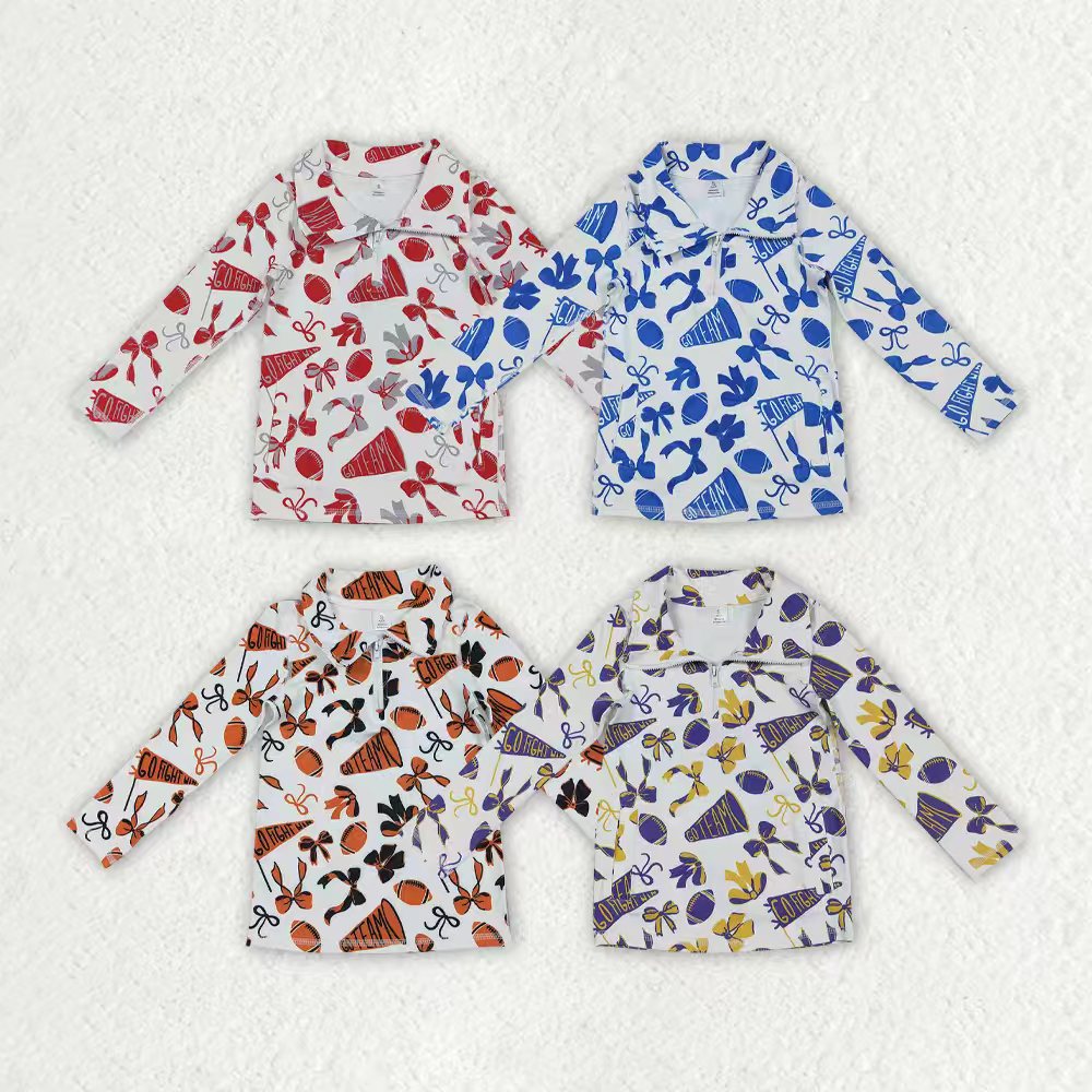 Sibling Baby Girls Bows Footballs Go Team Yoga Active Zipper Pullovers Top