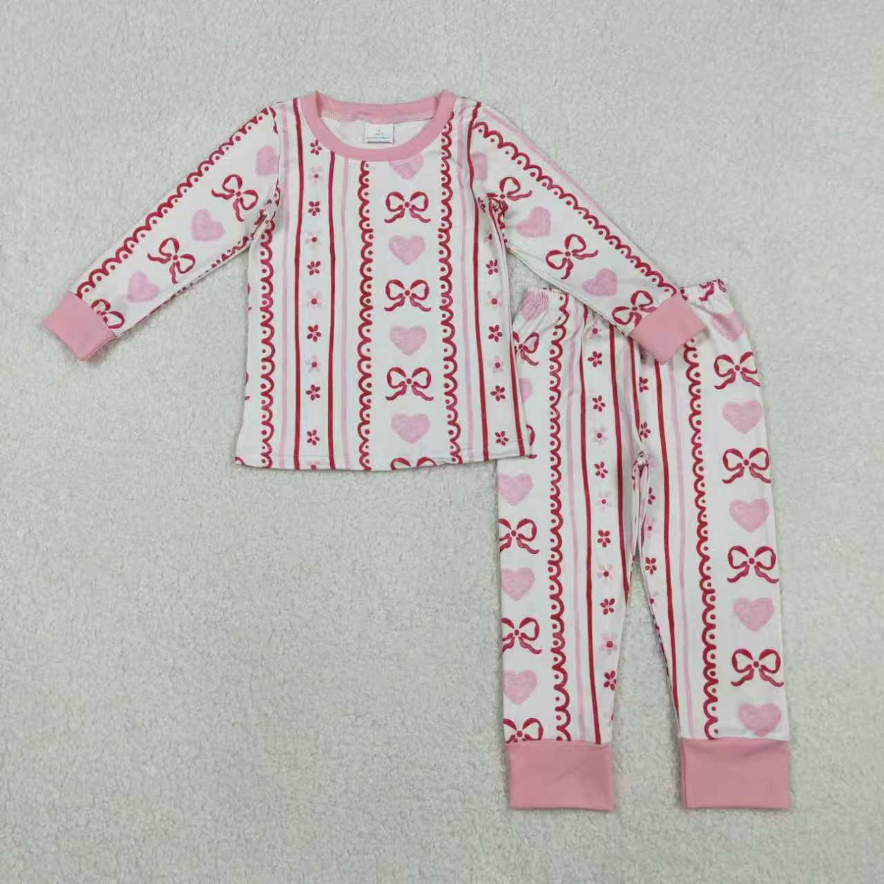 Sibling Baby Girls Pink Hearts Bows Stripes Valentines Pajamas Sets Ruffle Zipper Rompers