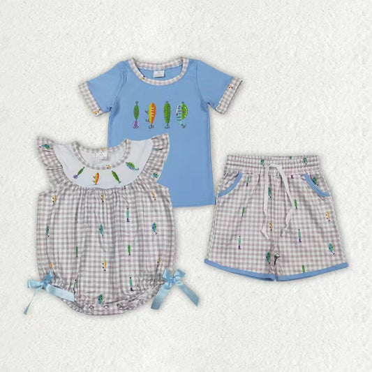 Sibling Baby Kids Embroidery Fishing Pockets Shorts Hunting Clothes Set Ruffle Rompers