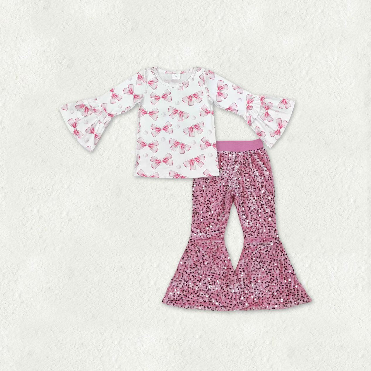 Baby Girls Pink Bows Bell Sleeve Tops Sequin Bell Bottom Pants Clothes Sets