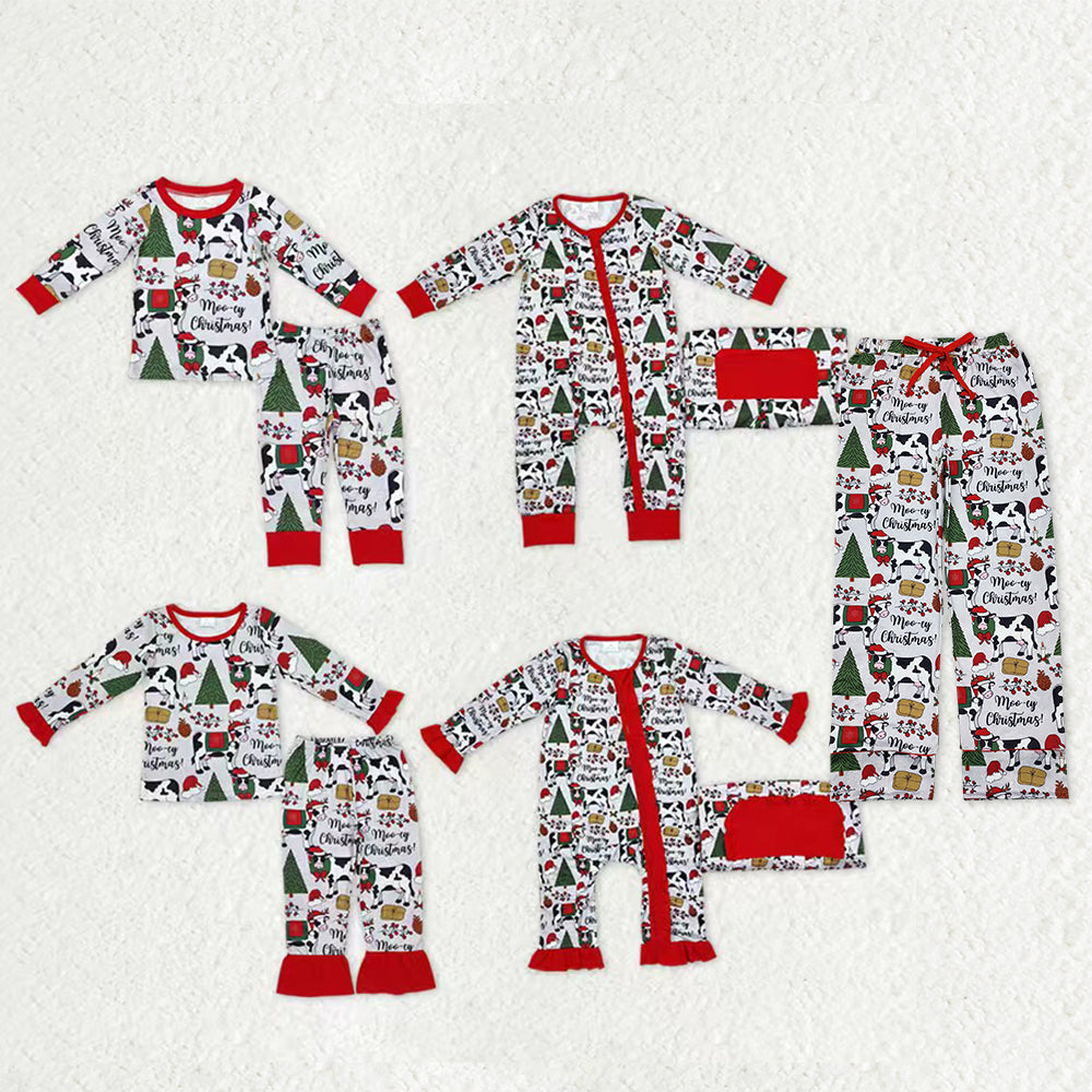 Family Sibling Hats Cows Trees Farm Merry Christmas Pajamas Sets Zipper Footie Rompers Women Pants