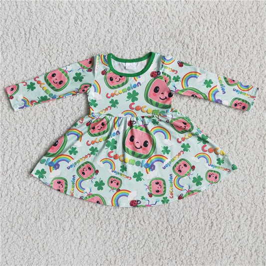 girls cartoon green long sleeve dress 6 A11-26