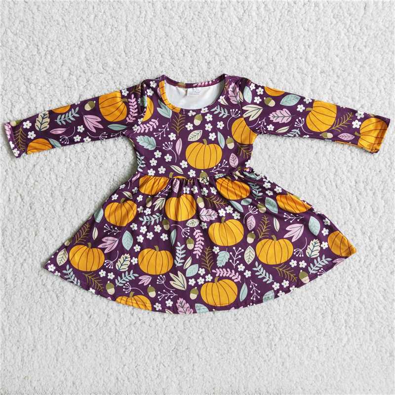 kids floral pumpkin long sleeve Dress 6 A12-14