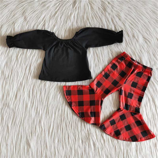 6 A15-13 Girl Black and red plaid Bell Bottoms pants Outfit-promotion 2023.10.23