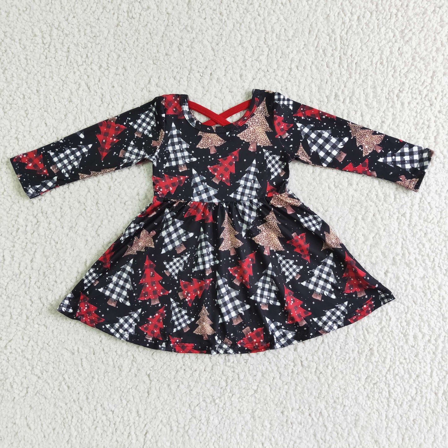 Sibling Baby Girls Bows Trees Plaid Christmas Ruffle Knee Length Dresses