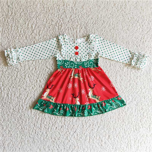 girls Xmas Reindeer patchwork Dress 6 A26-14