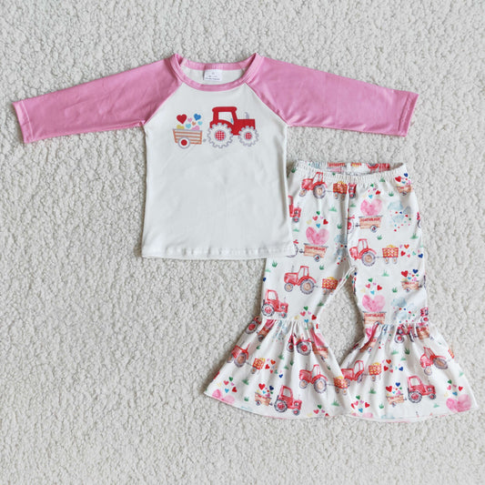 6 A29-30 baby girl truck love print valentines day bell bottoms Set-promotion 2023.12.30