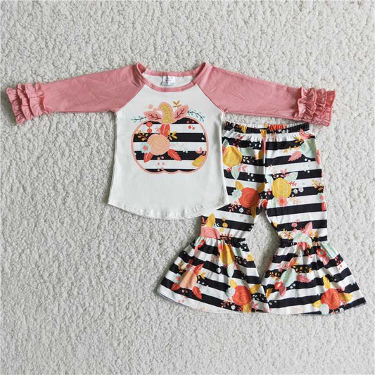 girls pumpkin floral striped suits 6 A4-15