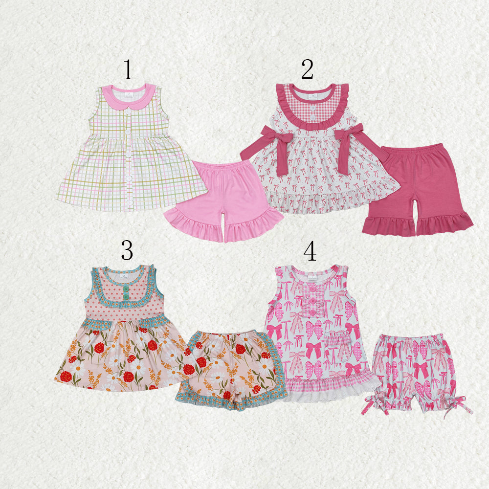 Sibling Baby Girls Sleeveless Bows Floral Button Tunic Ruffle Shorts Set