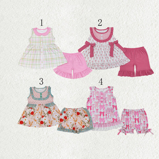 Sibling Baby Girls Sleeveless Bows Floral Button Tunic Ruffle Shorts Set