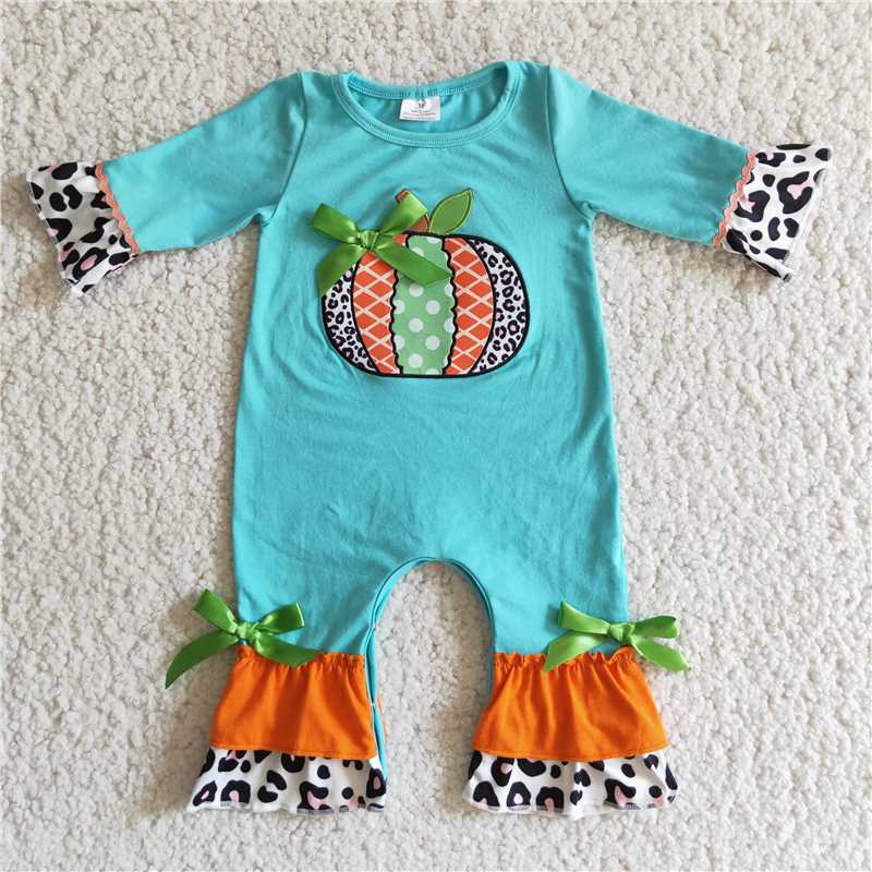 6 B2-19 baby girls pumpkin embroidered BLUE jumpsuits-promotion 2023.10.4