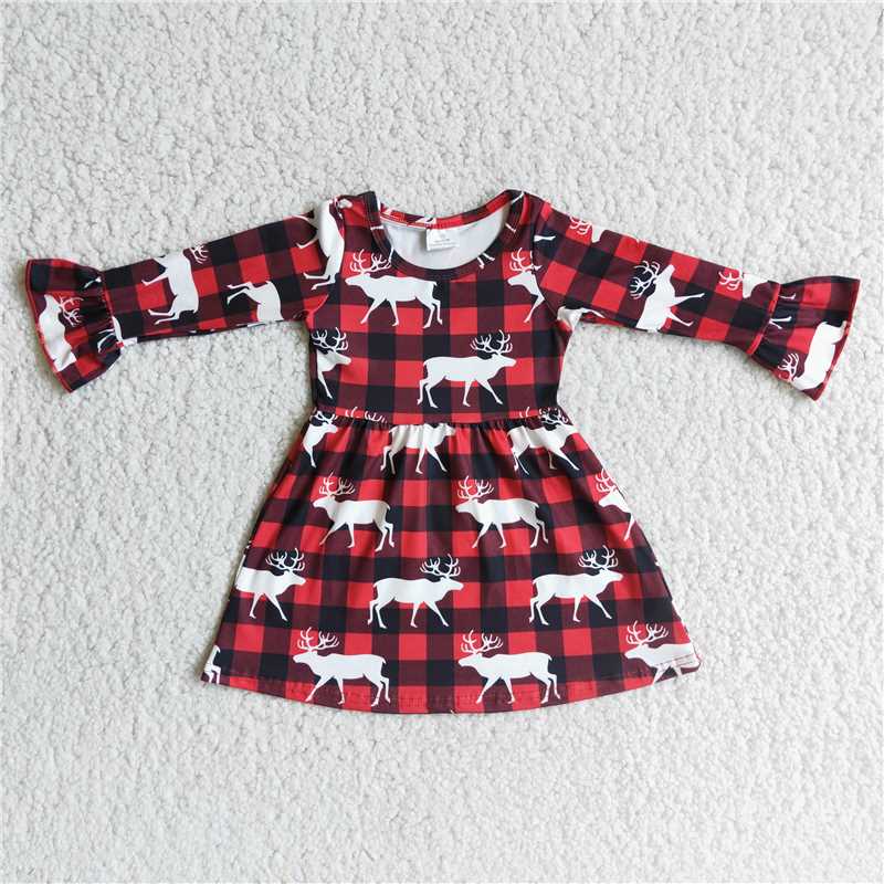 6 B2-21 baby girls Xmas Reindeer printed plaid dress-promotion 2023.10.16