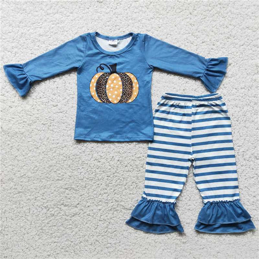 girls pumpkin printed blue suits 6 C10-39